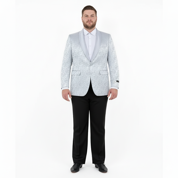 Big and Tall Mens Silver Gray Paisley Tuxedo Jacket  Satin Shawl Lapel Blazer for Weddings, Proms, and Formal Events