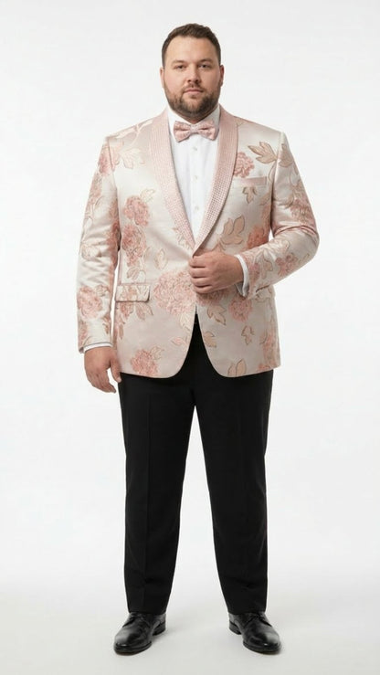 Mens Pink Blush Floral Jacquard Blazer with Embellished Shawl Lapel  Luxury Party and Wedding Wear Jacket