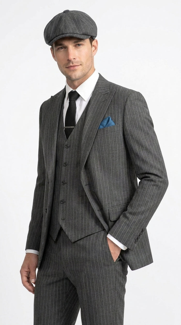 Men’s Thomas Shelby Peaky Blinders Gray Wool Suit Out fit Charcoal Grey Pinstripe 3-Piece  Vintage 1920s Suit