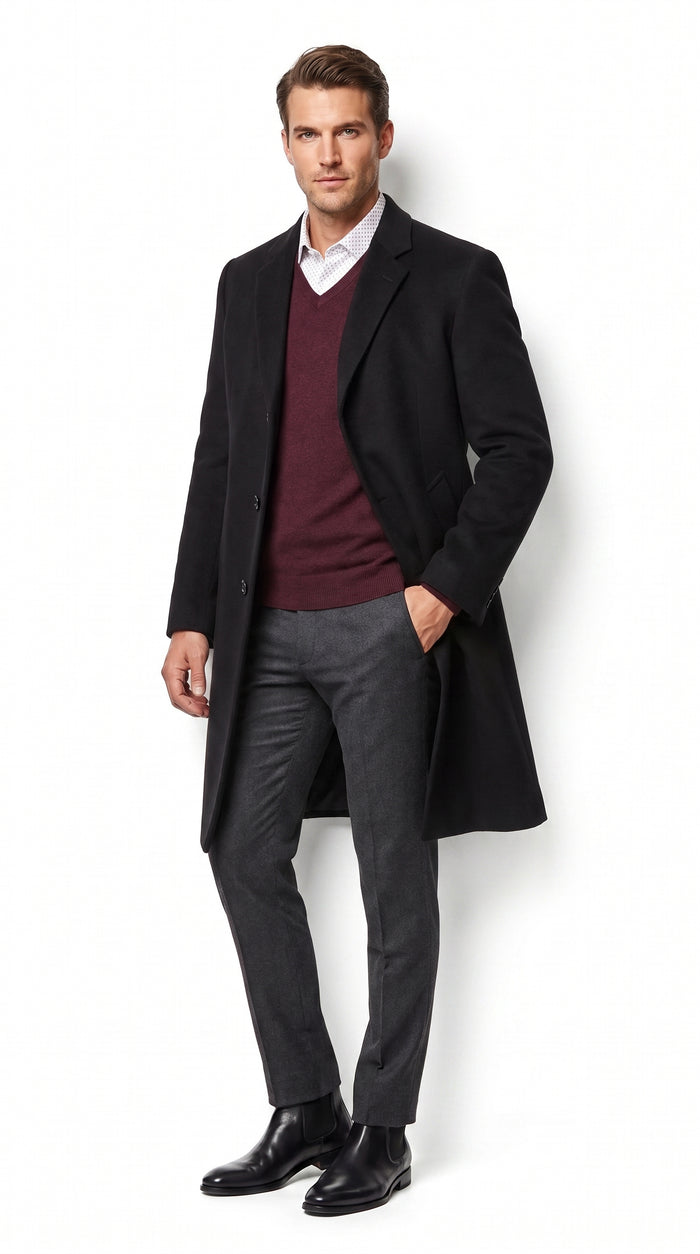 Men’s Big and Tall Black Cashmere Overcoat – Full-Length Winter Dress Coat for Business and Formal Wear
