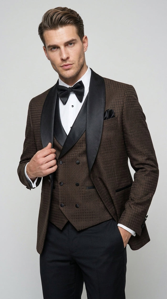 Men’s Chocolate Brown Tuxedo Suit – 3 Piece Shawl Lapel Wedding, Prom and Formal Dinner Tuxedo