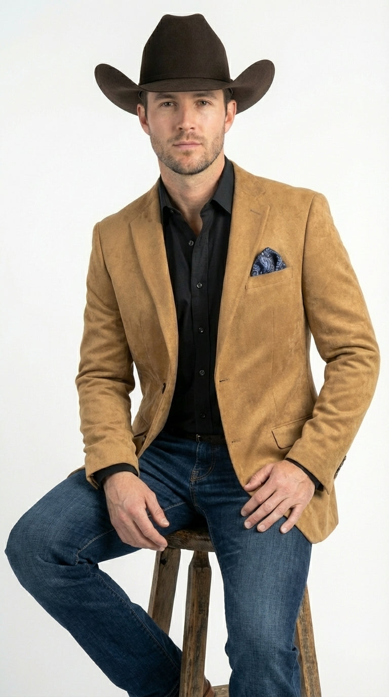 Men’s Camel Suede Cowboy Blazer with Elbow Patch – Camel Western Style Suede Sport Coat for Casual