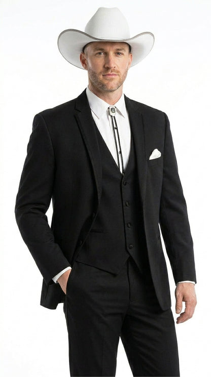 Men’s Black Western Wedding Suit with Vest and Pants, Cowboy Tuxedo Formal Dress Suit