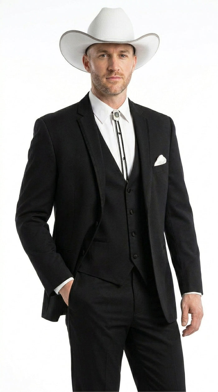 Men’s Black Western Wedding Suit with Vest and Pants, Cowboy Tuxedo Formal Dress Suit