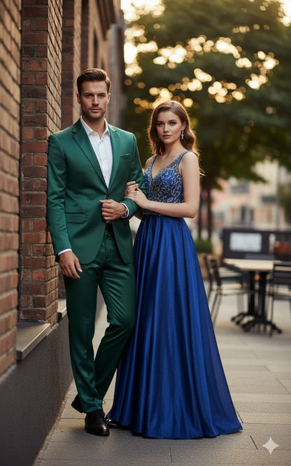Mens Shiny emerald Green Sateen 2-Piece Slim Fit Suit  Formal Blazer and Pants Set Prom Wedding