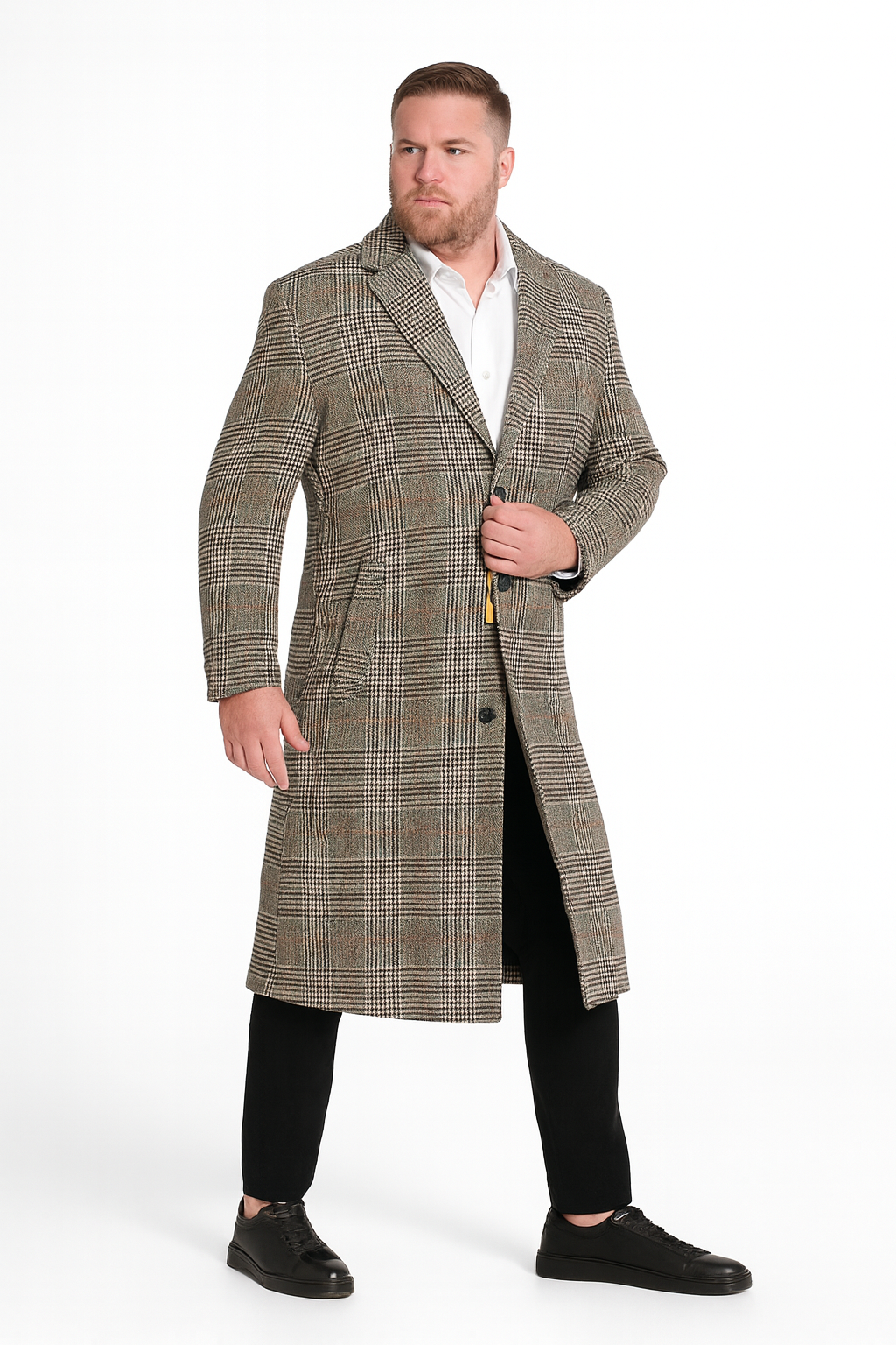 Mens Full length  Long Plaid Overcoat  Classic Checkered Wool Blend Winter Coat in Gray Color Checkered