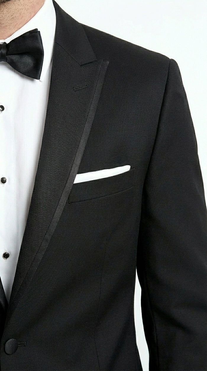Men’s Black Designer Peak Trim Ashton Tuxedo with Satin Lapel, Formal Wedding Dinner Suit
