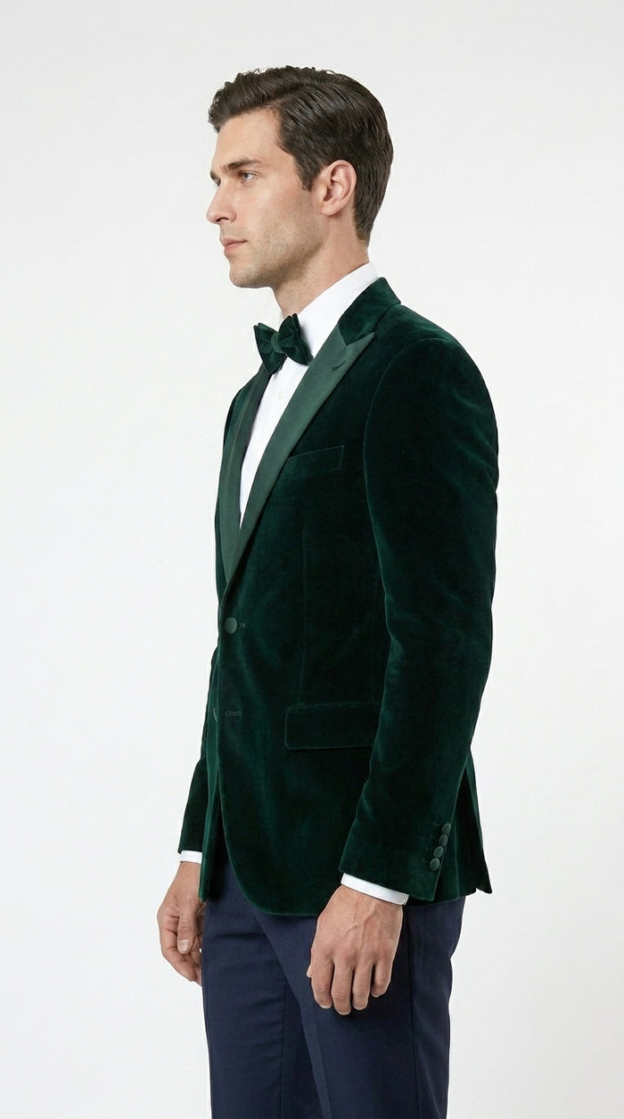Men’s Hunter Green Velvet Tuxedo Jacket with Peak Lapel, Formal Wedding Prom Dinner Blazer