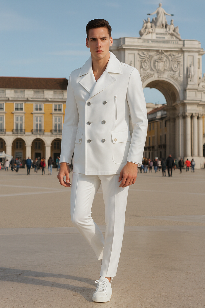 Men's White Double-Breasted Peacoat Jacket - Classic Stylish Outerwear Wool Fabric Slim Fitted