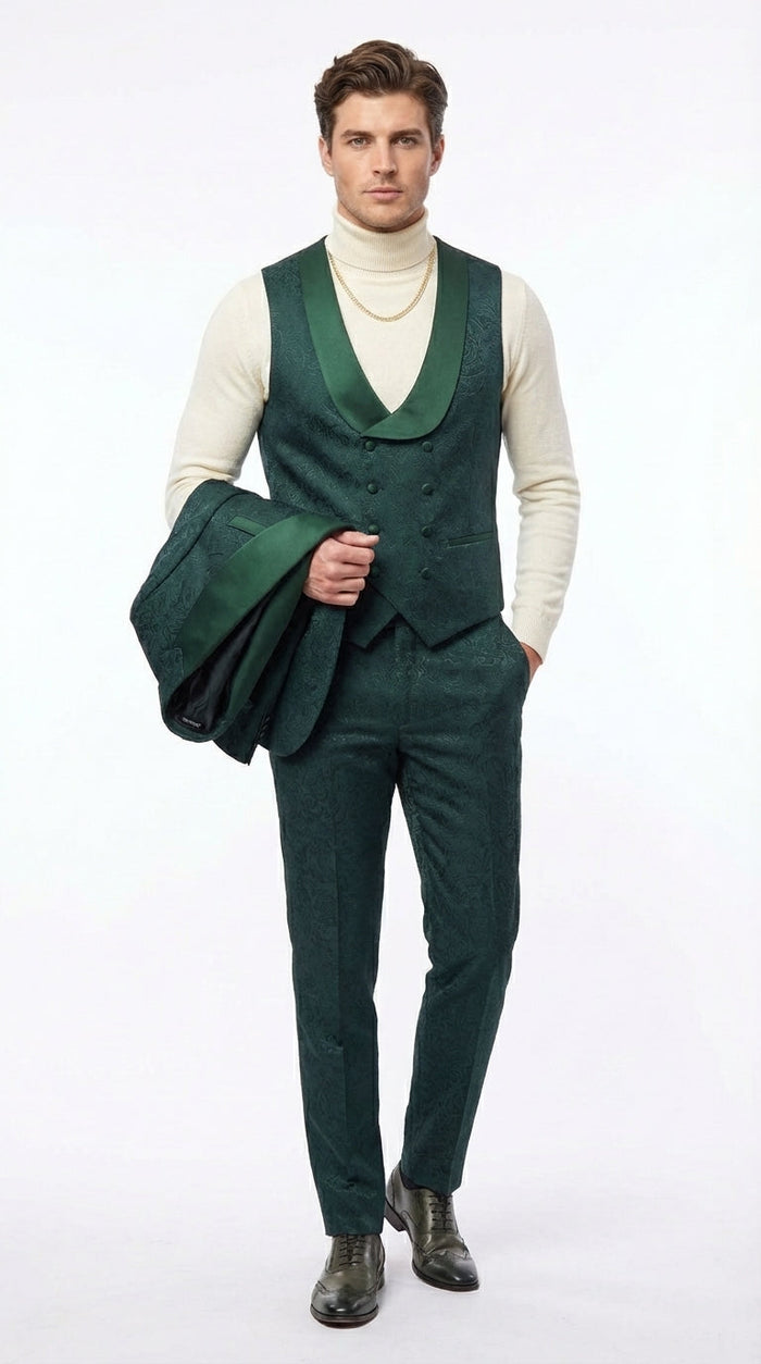 Mens Hunter Green Wedding Tuxedo Suit – Paisley Pattern Three Piece Formal Suit Set with Shawl Lapel for Groom, Prom in Emerald green