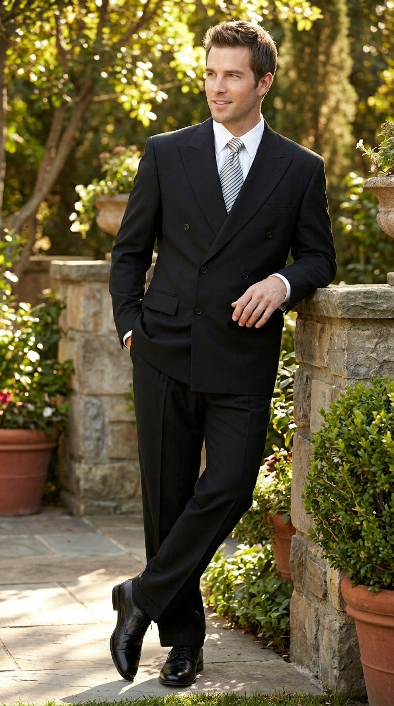 Brand New Solid Black Double Breasted Suit 100% Wool Fabric Super 150s Wide Suits Side Vent (pleated or Flat Front Pants)