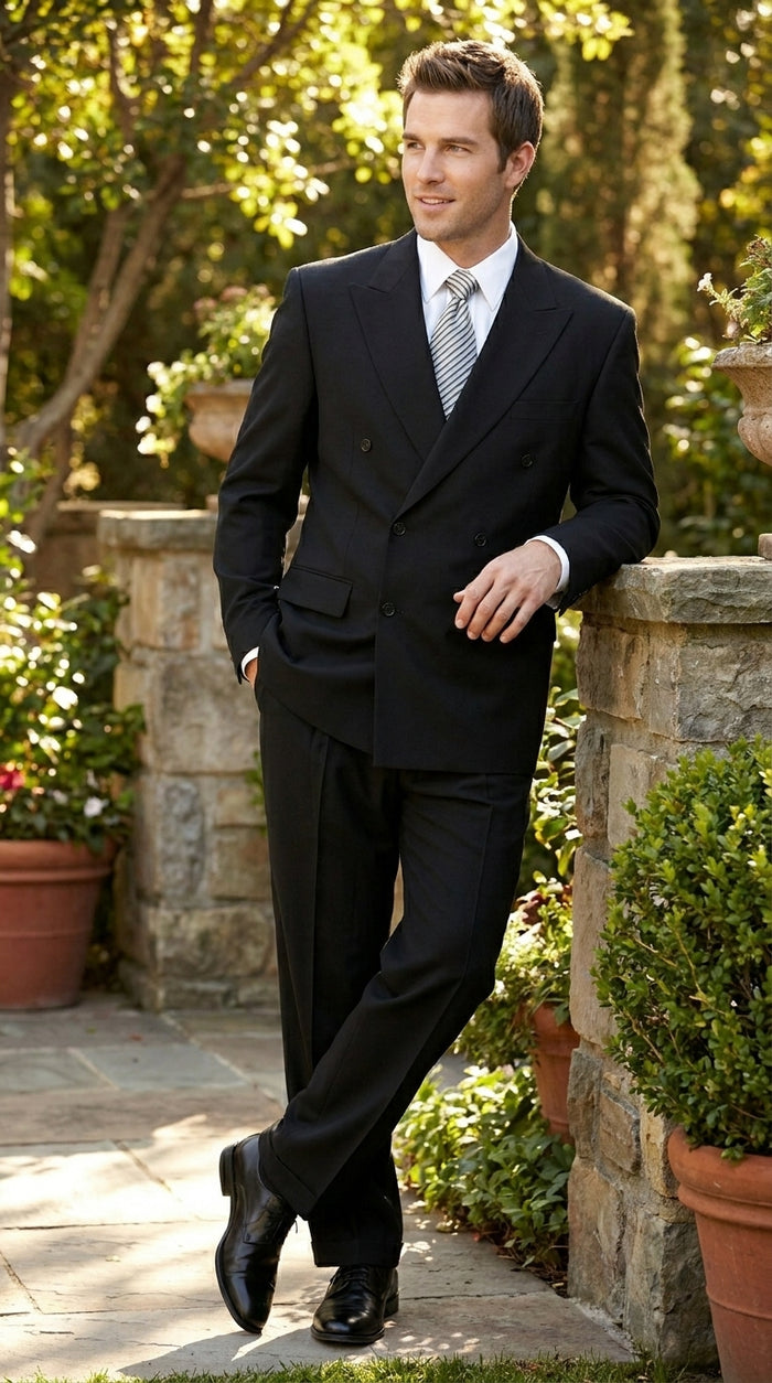 Brand New Solid Black Double Breasted Suit 100% Wool Fabric Super 150s Wide Suits Side Vent (pleated or Flat Front Pants)