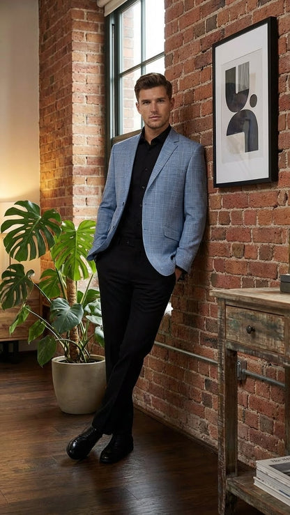 Men’s Big and Tall Light Blue Checkered Blazer and Sport Coat – Sky powder blue windowpane plaid pattern Jacket