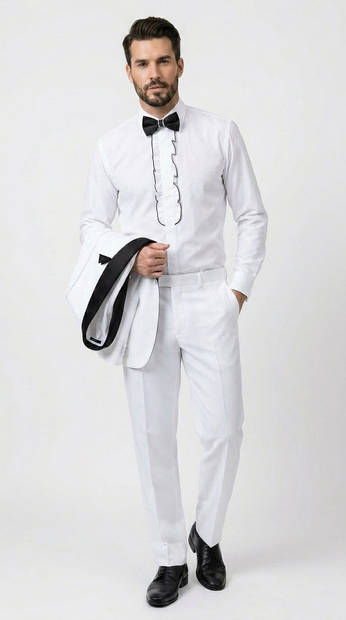 Men’s White and Black Classic Microfiber Shawl Tuxedo with Jacket and Pants, Formal Wedding Suit