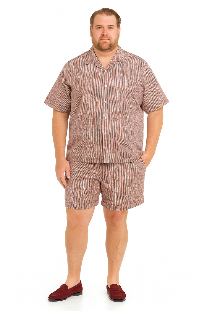 Men's Burgundy Reddish Seersucker Short Set Walking Suit - Two-Piece Cuffed Shorts with Expandable Waist