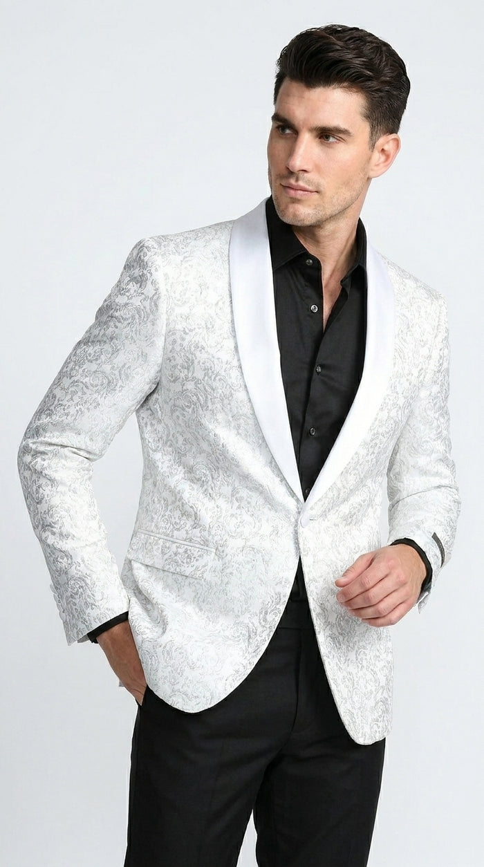 Men’s White Tonal Paisley Tuxedo Jacket with Satin Shawl Lapel, Wedding and Prom Dinner Blazer