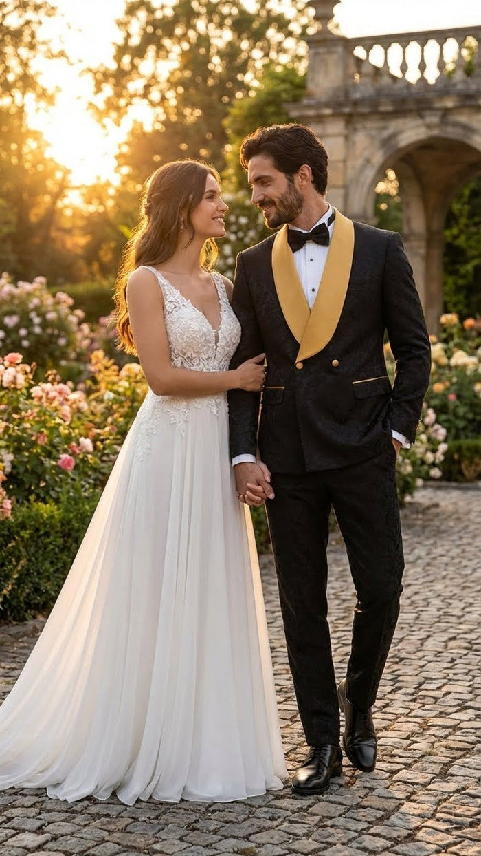 Mens Black and Gold Jacquard Tuxedo Suit  Luxury Slim Fit Formal Wedding, Prom, and Gala Outfit
