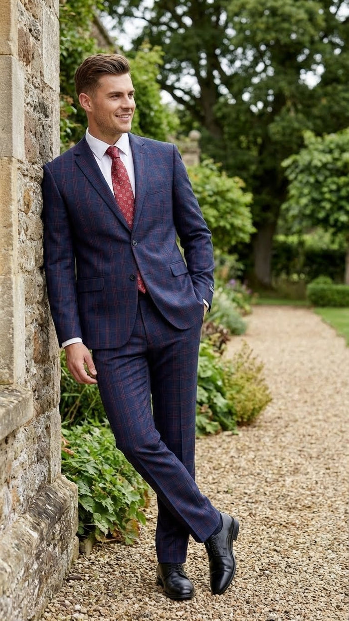 Mens Navy Blue and Burgundy Checkered Two-Piece Suit Plaid Windowpane  Flat Front Pants or Pleated Wide Leg Pants - 100% Wool
