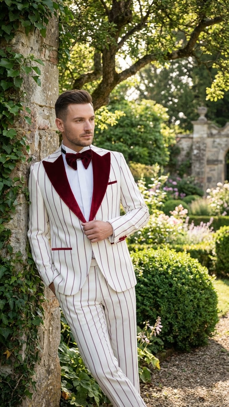 Mens White and Dark Red Pinstripe Tuxedo with Velvet Shawl Lapel  Formal Dinner Blazer Prom Christmas New Year Holiday Suit