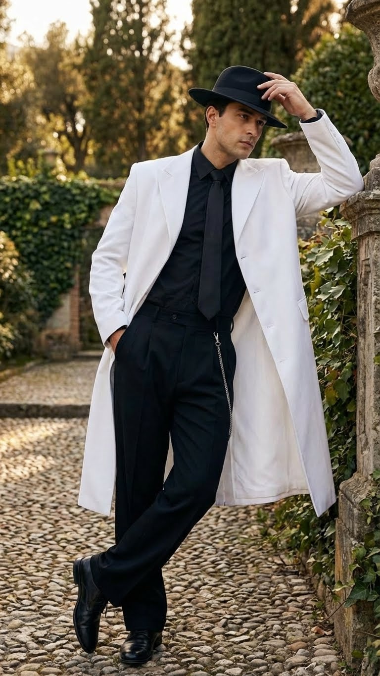 Men’s White Long Zoot Style Suit  | Vintage Gangster Mafia Formal Coat with Black Pants