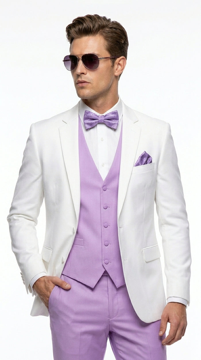 Men’s White and Lavender Tuxedo Wedding Suit with Dinner Jacket, Vest, Pants and Bow Tie