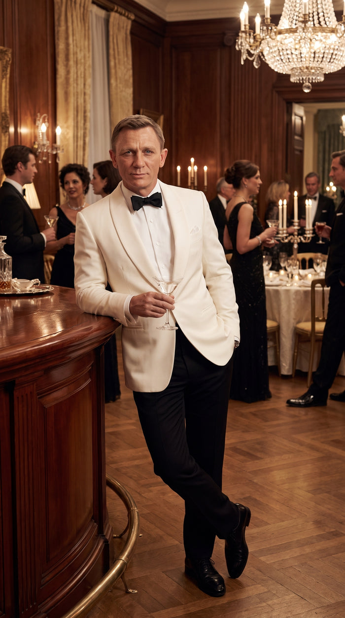 Men’s James Bond Style Ivory Dinner Jacket, Off White Cream Tuxedo Blazer for Wedding, Prom and Black Tie Events