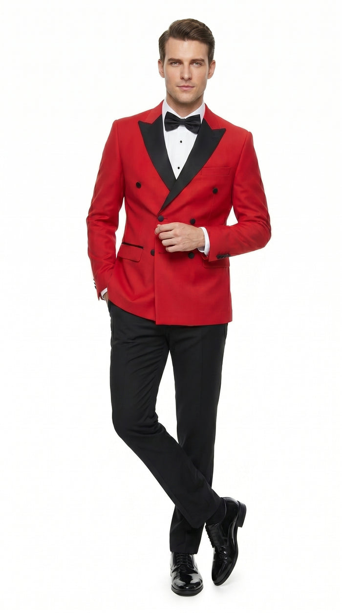 Men’s Red Double Breasted Wool Tuxedo with Black Lapel, Formal Wedding Prom Dinner Jacket