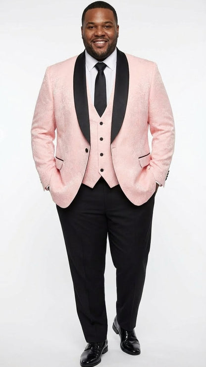 Men’s Blush Pink Tuxedo Suit Set with Black Shawl Lapel – 3 Piece Formal Wedding and Party Prom Vest + Black Pants