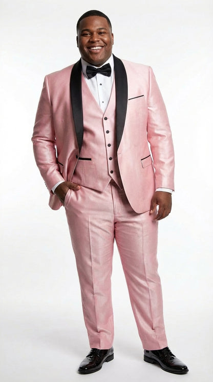 Men’s Blush Pink Shiny 3 Piece Suit with Black Shawl Lapel | Light Pink Prom Suit Sharkskin Fabric - Ultra Slim Fit