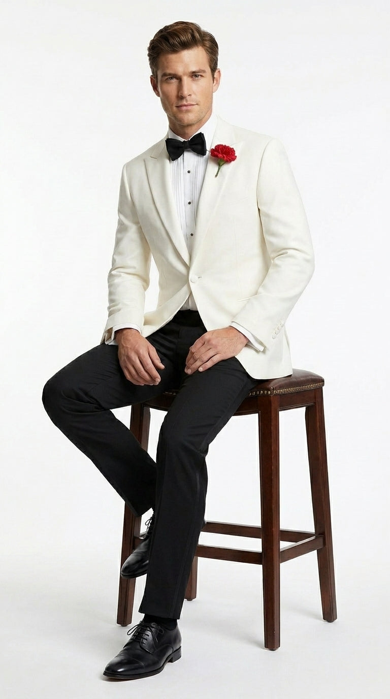 Men’s Ivory White Formal Dinner Suit Set with Jacket and Pants, Classic Wedding Tuxedo Style