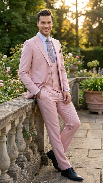 Mens Blush Pink and Gold Three-Piece Suit  Tailored Fit Formal Wedding, Vested Suit By Rossiman