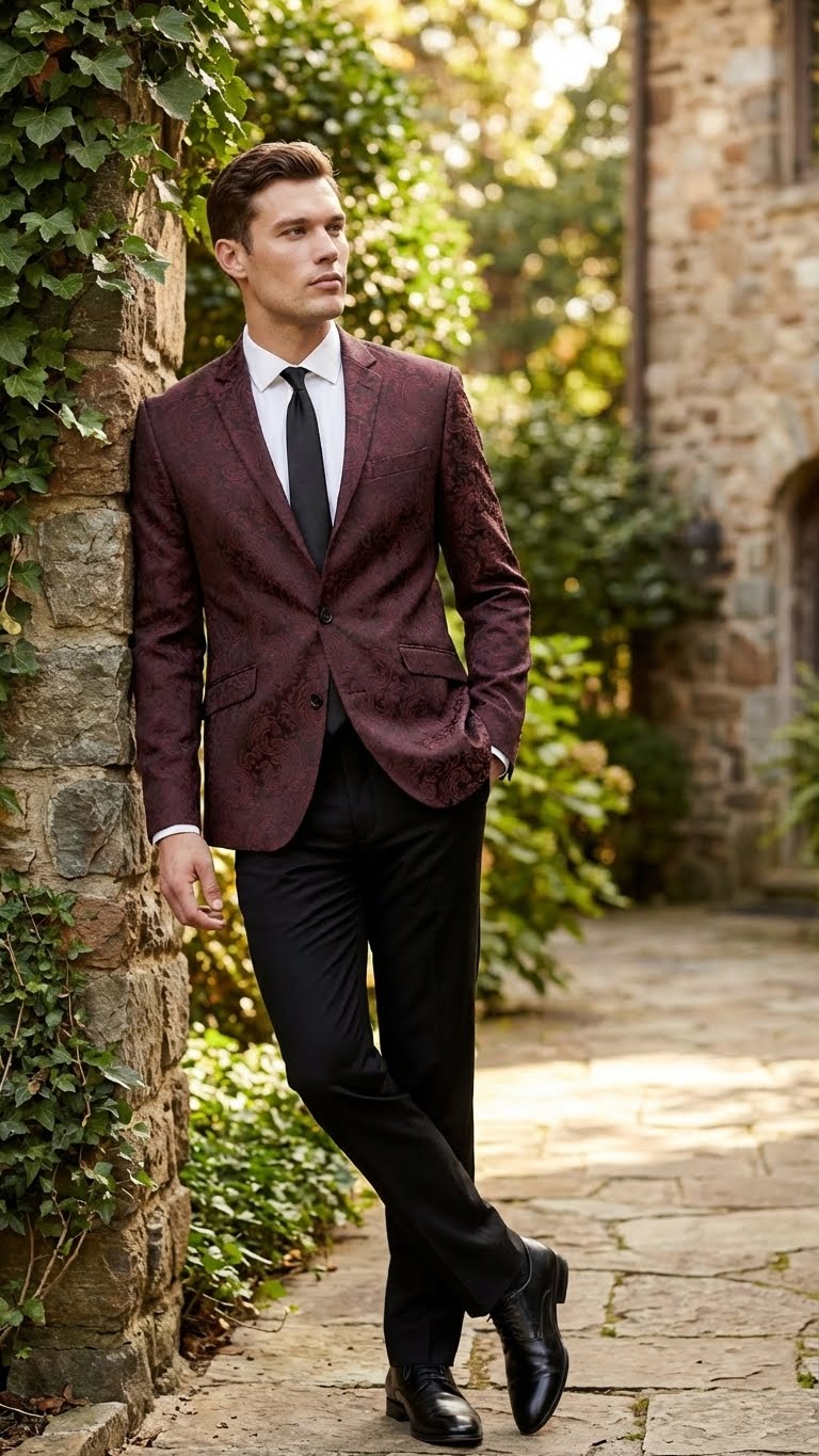 Mens Burgundy Paisley Blazer Sport Coat  Velvet Dinner Jacket floral in Maroon Wine Color Ultra Slim Fit Smoking Jacket