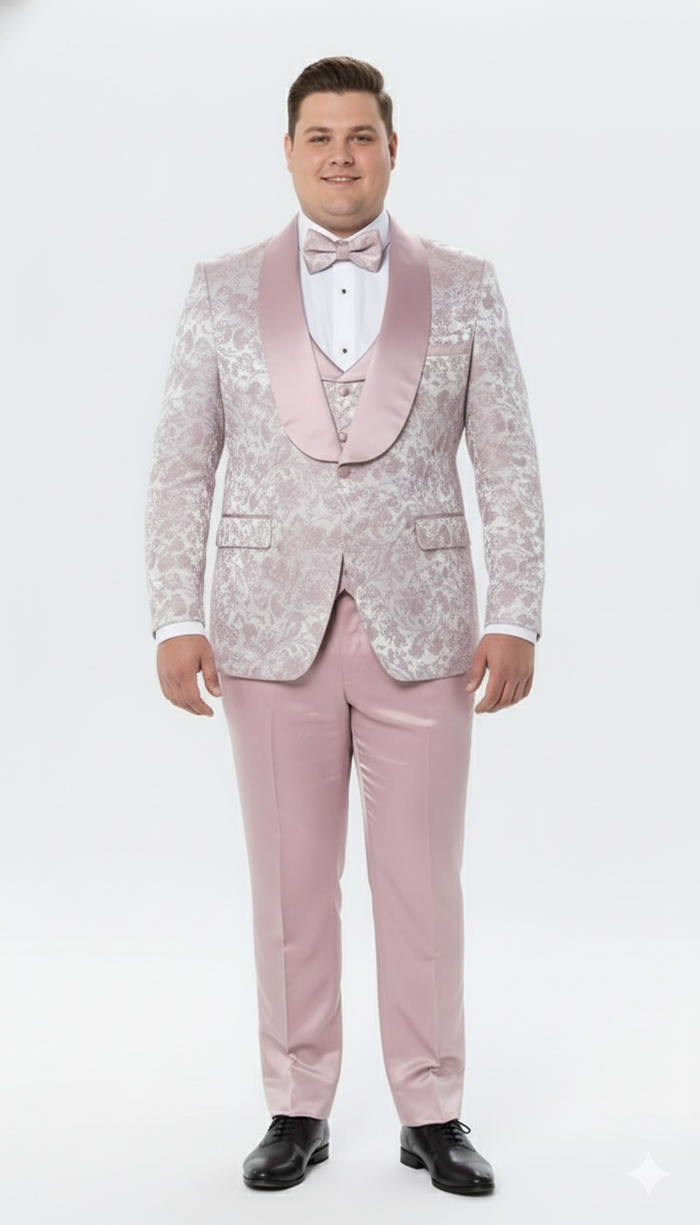 Mens Light Pink Dusty Rose -  Floral Tuxedo Suit  Luxury Satin Shawl Lapel 3-Piece Formal Wedding and Prom Suit in Blush Mauve color