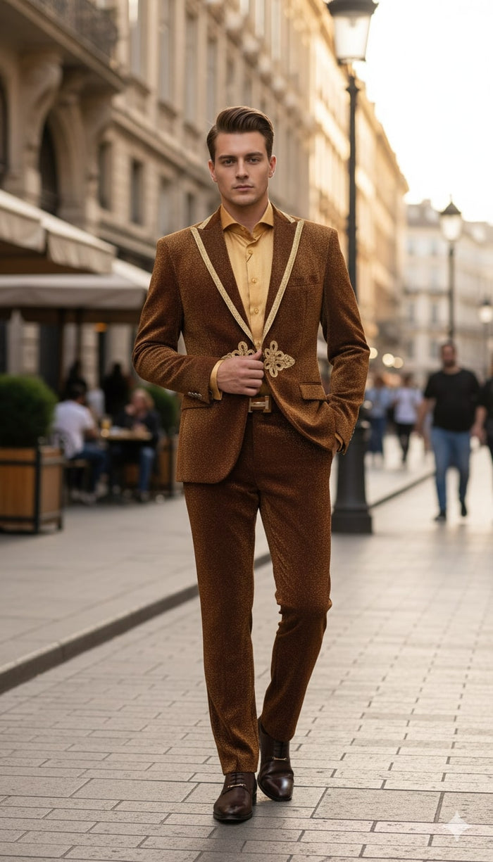 Mens Bronze Shiny Velvet Suit  Designer Party and Wedding Wear Blazer and Pant Set Brown and Gold Tuxedo