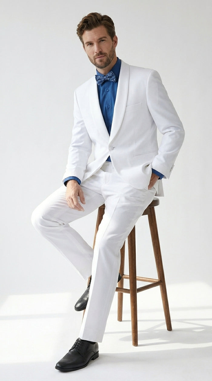 Men’s White Classic Microfiber Shawl Tuxedo with Jacket and Pants, Formal Wedding Dinner Suit