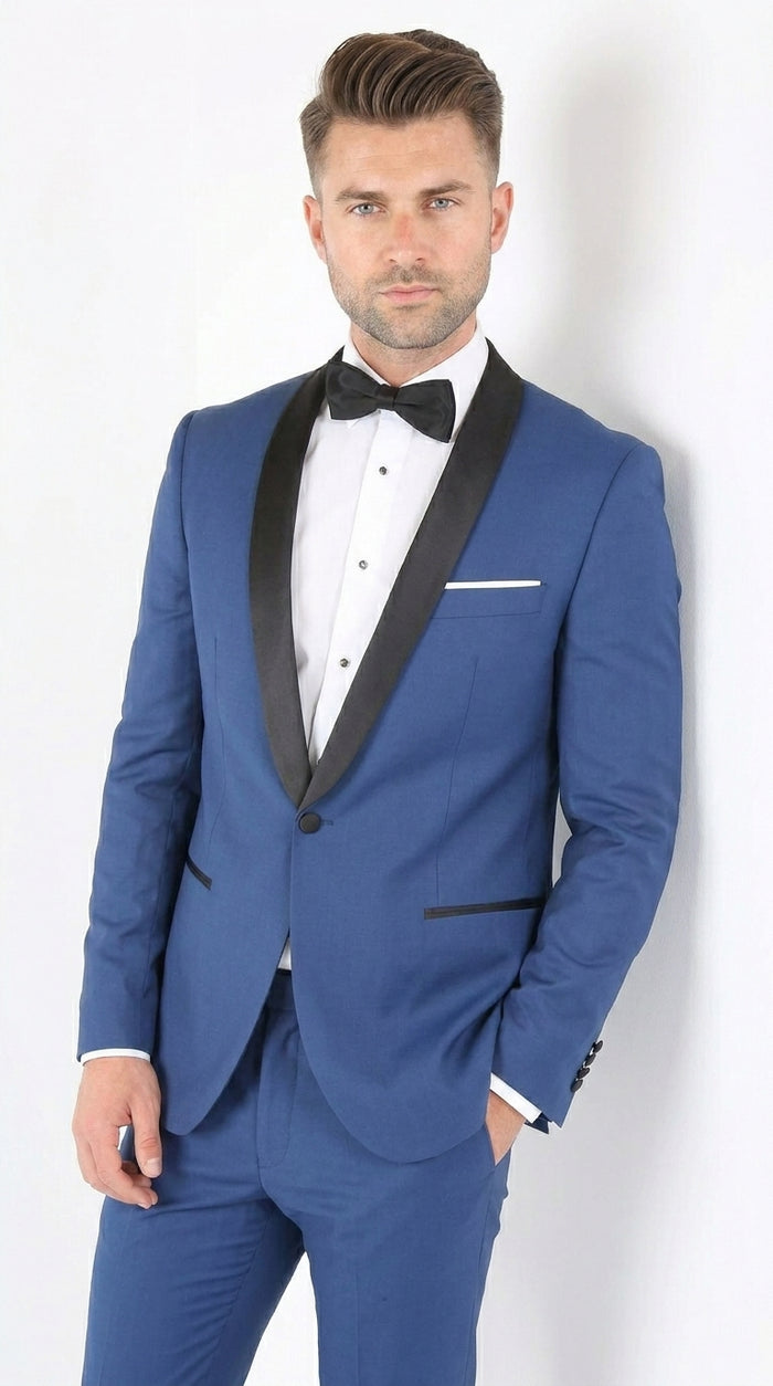 Men’s Indigo Shawl Prom Tuxedo with Black Lapel, One Button Jacket and Matching Pants