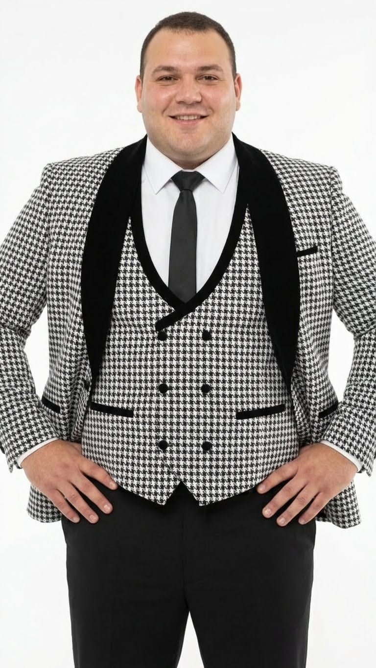 Mens Black and White Houndstooth Tuxedo Set with Velvet Shawl Lapel | 3-Piece Formal Suit with Double-Breasted Vest