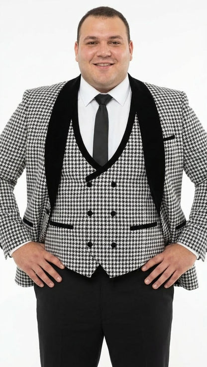 Mens Black and White Houndstooth Tuxedo Set with Velvet Shawl Lapel | 3-Piece Formal Suit with Double-Breasted Vest