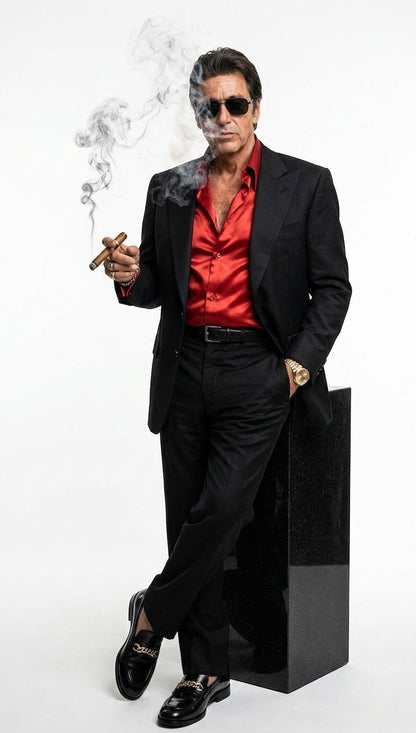 Tony Montana’s Black Blazer with Red Sateen Shirt – Men’s Black Formal Blazer and Red Satin Style Shirt Outfit for Party, Wedding and Vintage Wear