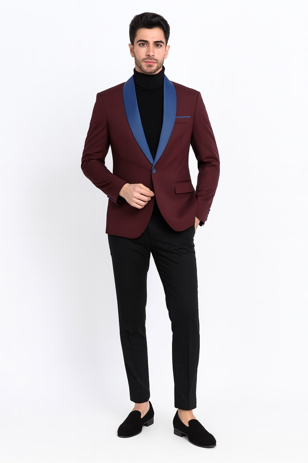Mens Burgundy Tuxedo Dinner Jacket Blazer with Blue Satin Shawl Lapel  Wedding and Party Jacket