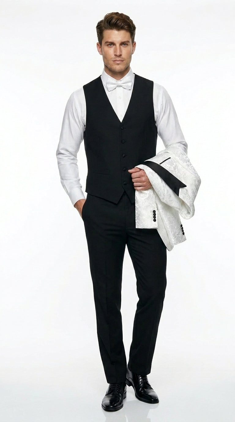 Men’s White Shiny Paisley Flower Pattern Tuxedo Jacket with Black Lapel, Formal Wedding Blazer