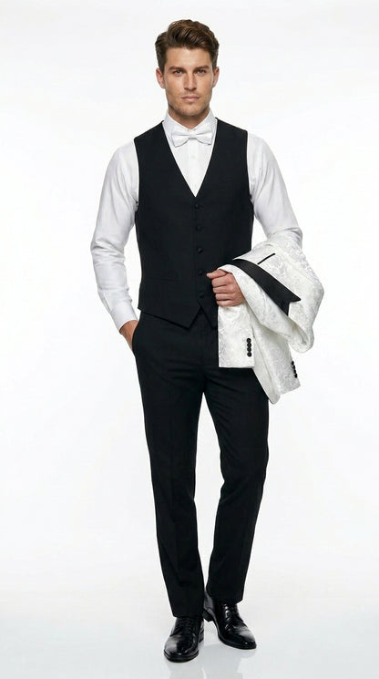 Men’s White Shiny Paisley Flower Pattern Tuxedo Jacket with Black Lapel, Formal Wedding Blazer