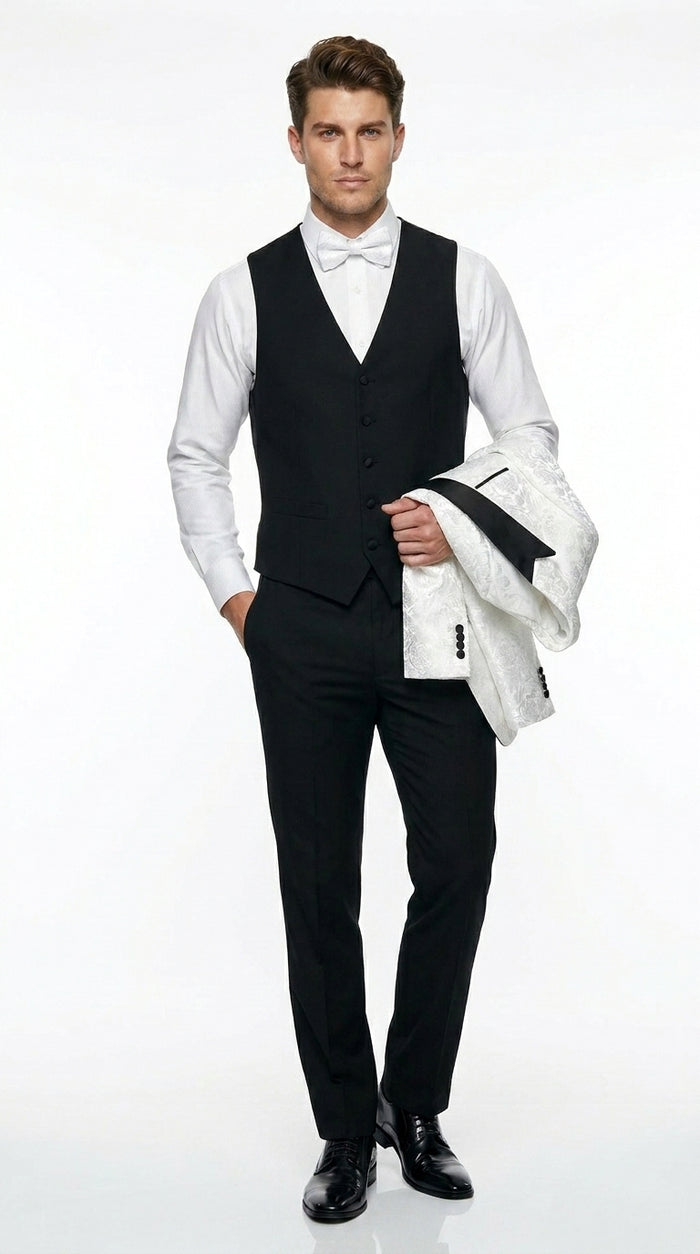 Men’s White Shiny Paisley Flower Pattern Tuxedo Jacket with Black Lapel, Formal Wedding Blazer