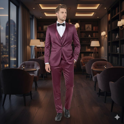 Mens Sateen Shiny Burgundy Slim Fit Tuxedo  Satin Shawl Lapel 3-Piece Suit