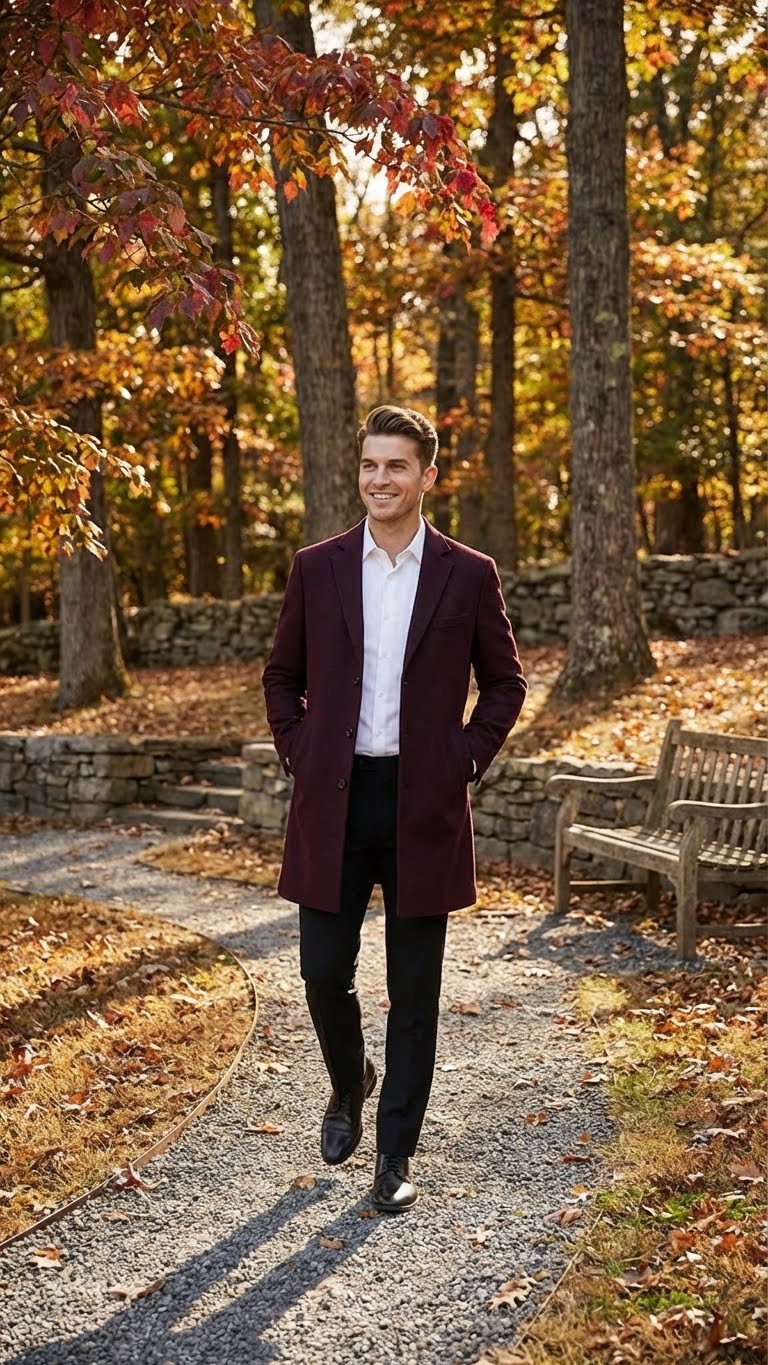Mens Burgundy Mid-Length Overcoat  Classic Fit Wool Blend Dress Coat Three Quarter Carcoat Topcoat