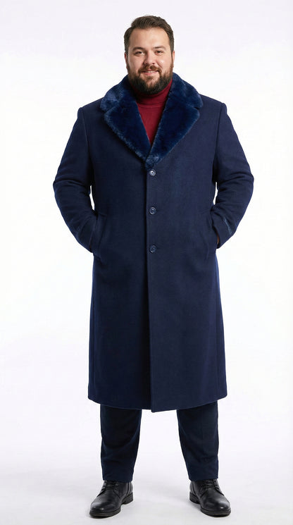 Men’s Dark Navy Blue Long Overcoat with Faux Fur Collar, Classic Winter Dress Coat for Formal