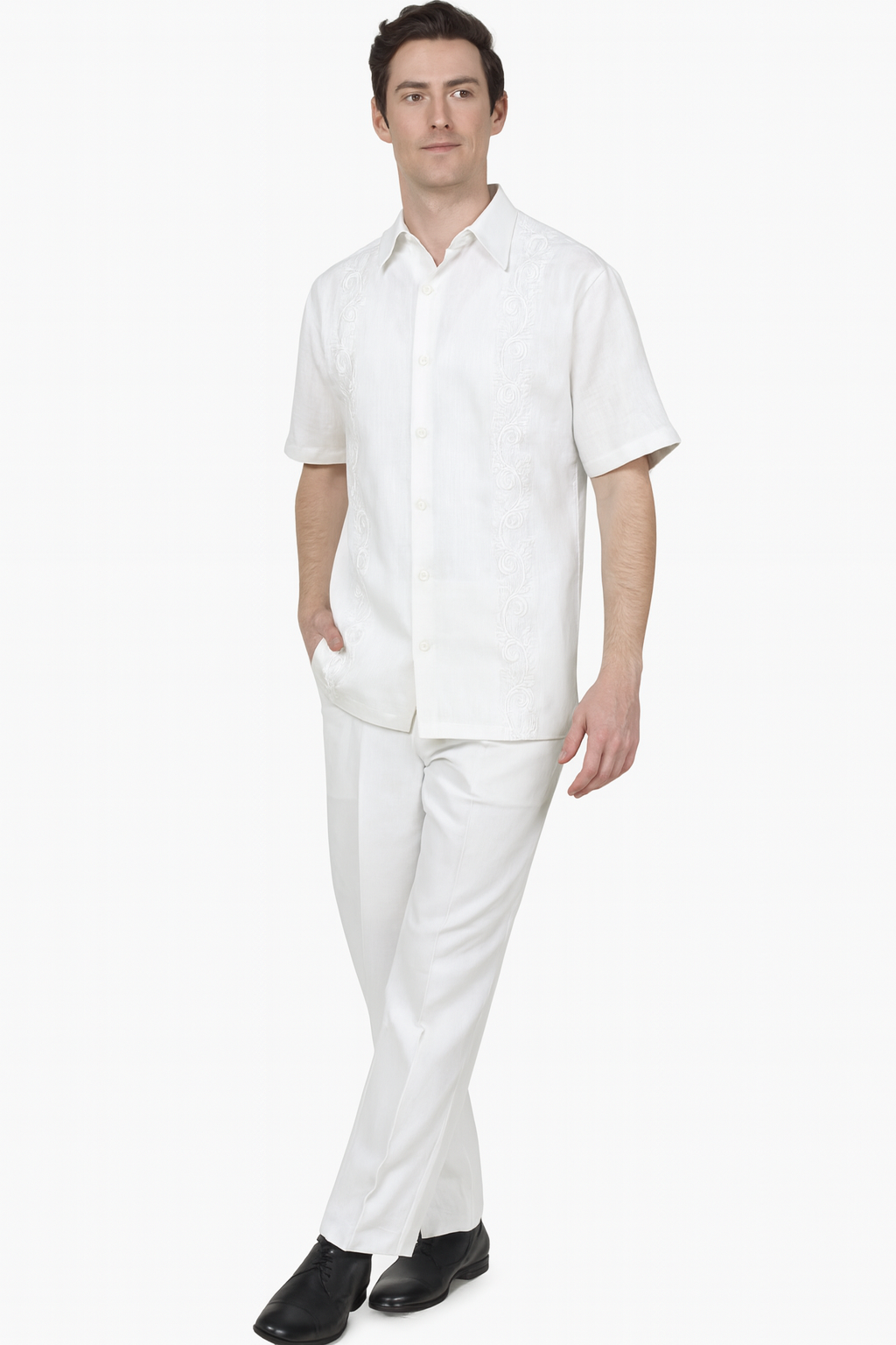 Mens White Embroidered Guayabera Two-Piece Set  Short Sleeve Shirt and Pants