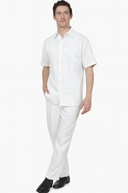 Mens White Embroidered Guayabera Two-Piece Set  Short Sleeve Shirt and Pants
