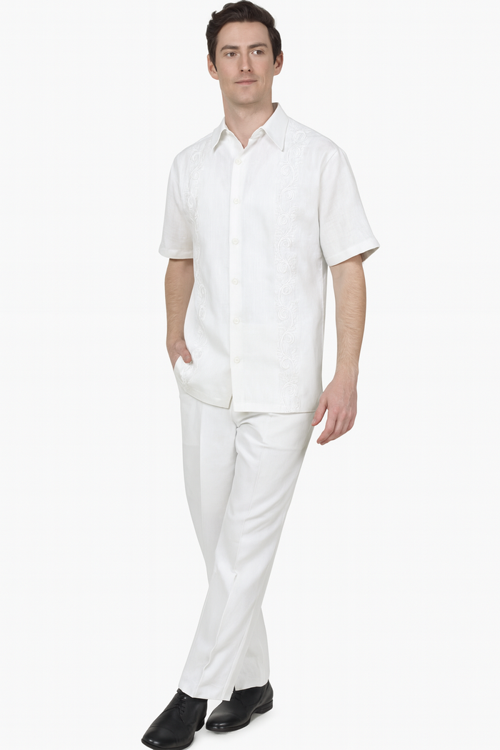Men's White Embroidered Guayabera Two-Piece Set - Short Sleeve Shirt and Pants