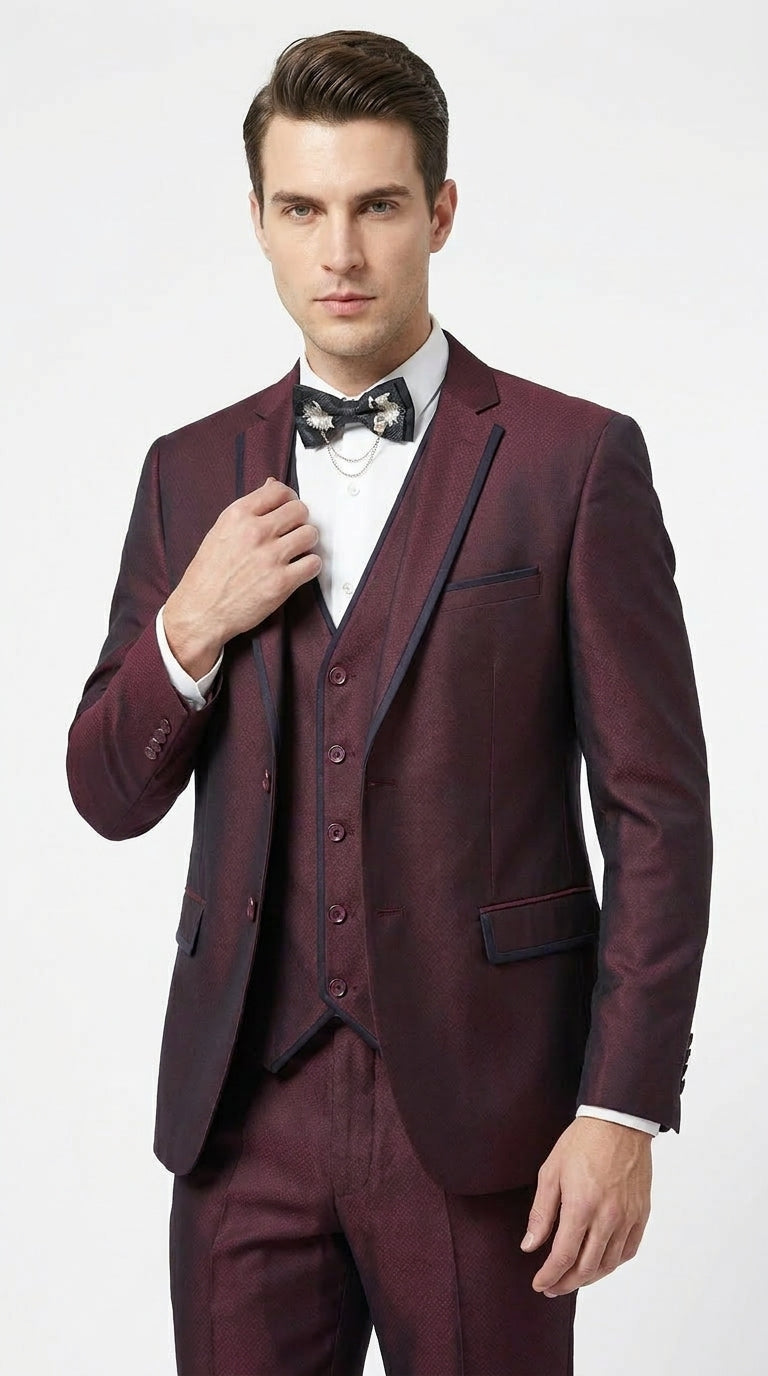 Men’s Burgundy Sharkskin Tuxedo with Satin Trim, Vested Formal Wedding and Prom Suit